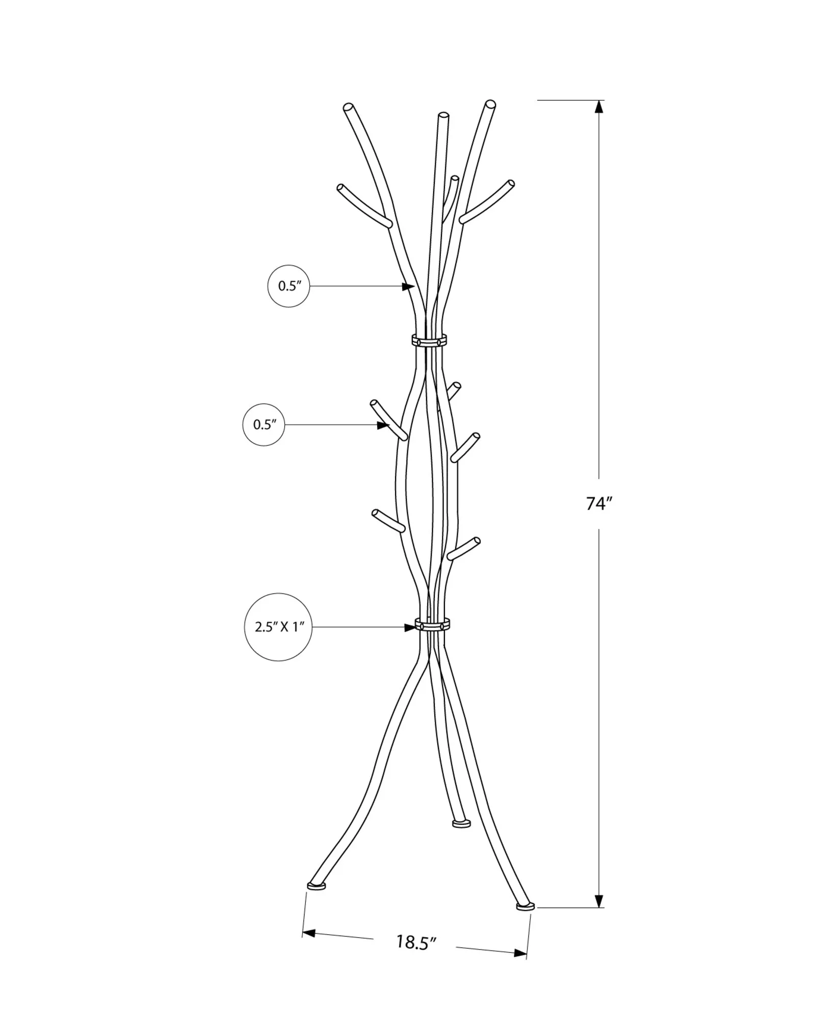 18.5" x 18.5" x 74" White Metal Coat Rack