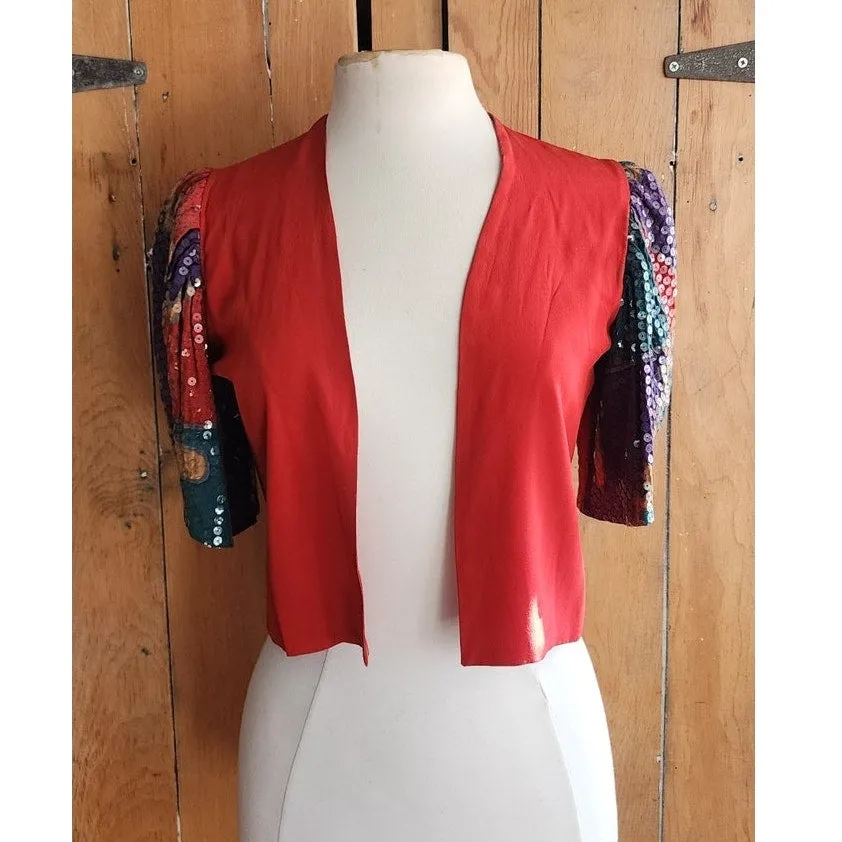 80s Cropped Jacket Red Silk   Sequined Sleees Sansappelle