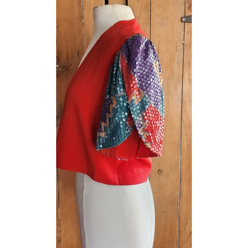 80s Cropped Jacket Red Silk   Sequined Sleees Sansappelle