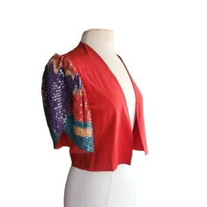 80s Cropped Jacket Red Silk   Sequined Sleees Sansappelle