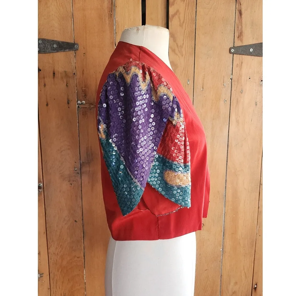 80s Cropped Jacket Red Silk   Sequined Sleees Sansappelle