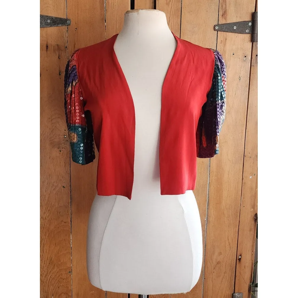 80s Cropped Jacket Red Silk   Sequined Sleees Sansappelle