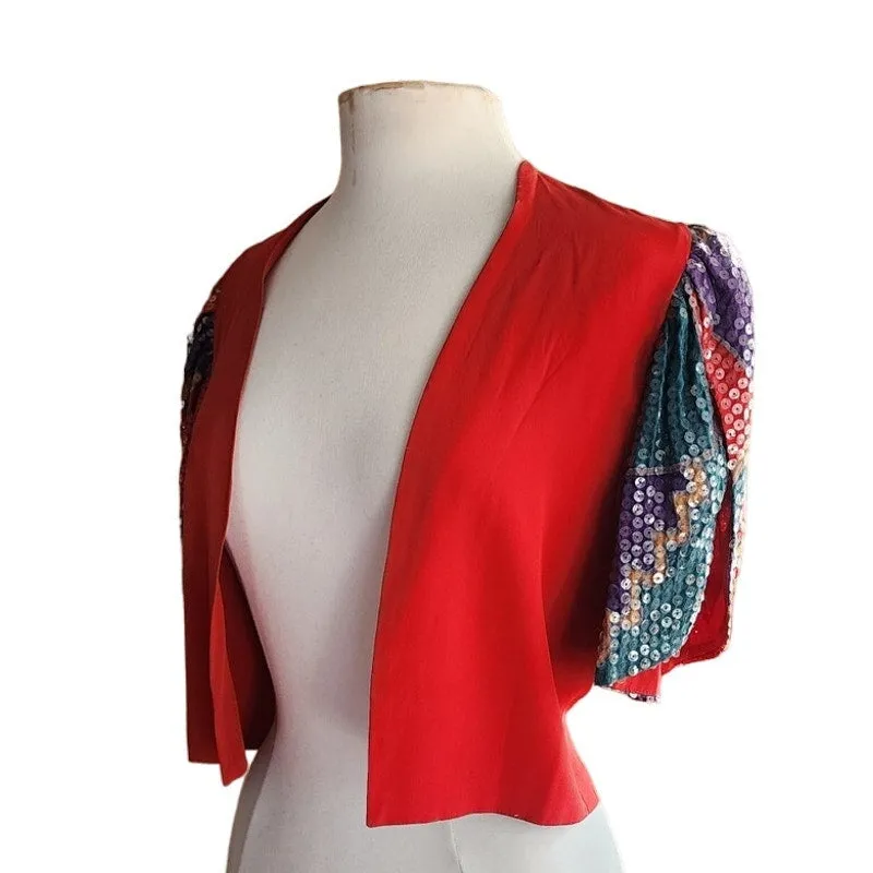 80s Cropped Jacket Red Silk   Sequined Sleees Sansappelle