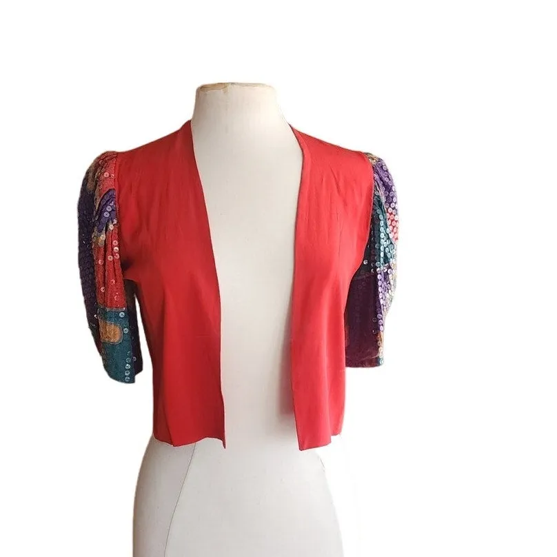 80s Cropped Jacket Red Silk   Sequined Sleees Sansappelle