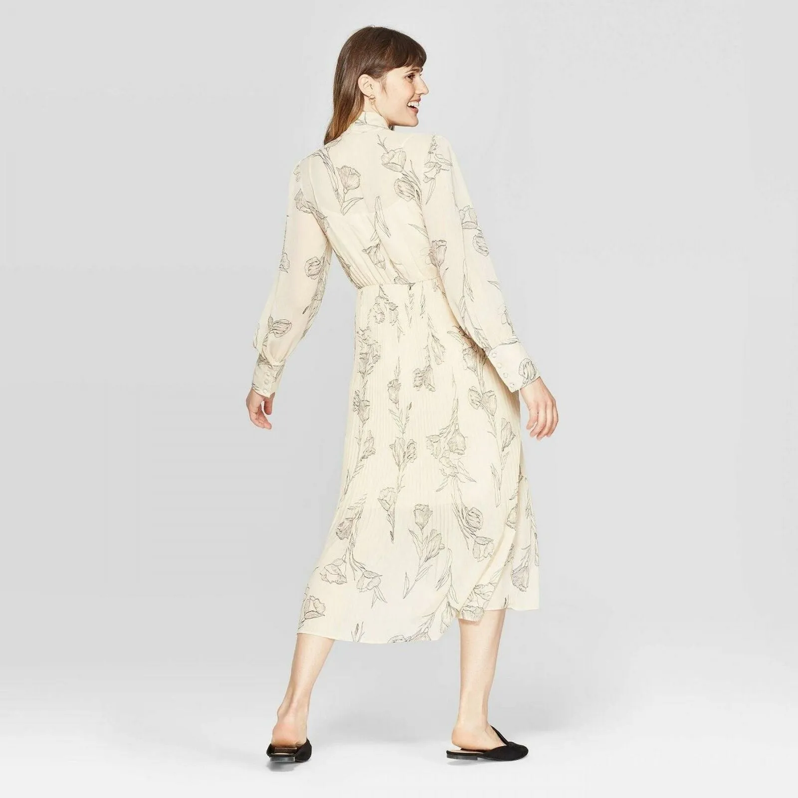 A New Day Women's Floral Print Long Sleeve High Neck Pleated Midi Dress