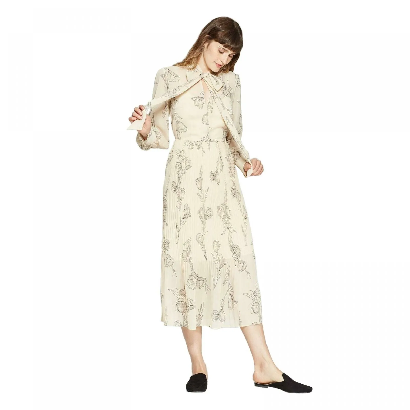 A New Day Women's Floral Print Long Sleeve High Neck Pleated Midi Dress