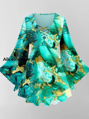Abstract Color Art Print V-Neck Long Sleeve Top
