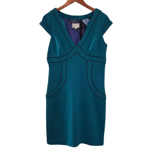 Alberto Makali Blue Wool Blend Dress with Embellished Black Piping Accents Sz 12