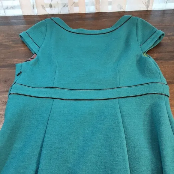 Alberto Makali Blue Wool Blend Dress with Embellished Black Piping Accents Sz 12