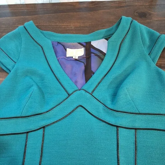 Alberto Makali Blue Wool Blend Dress with Embellished Black Piping Accents Sz 12