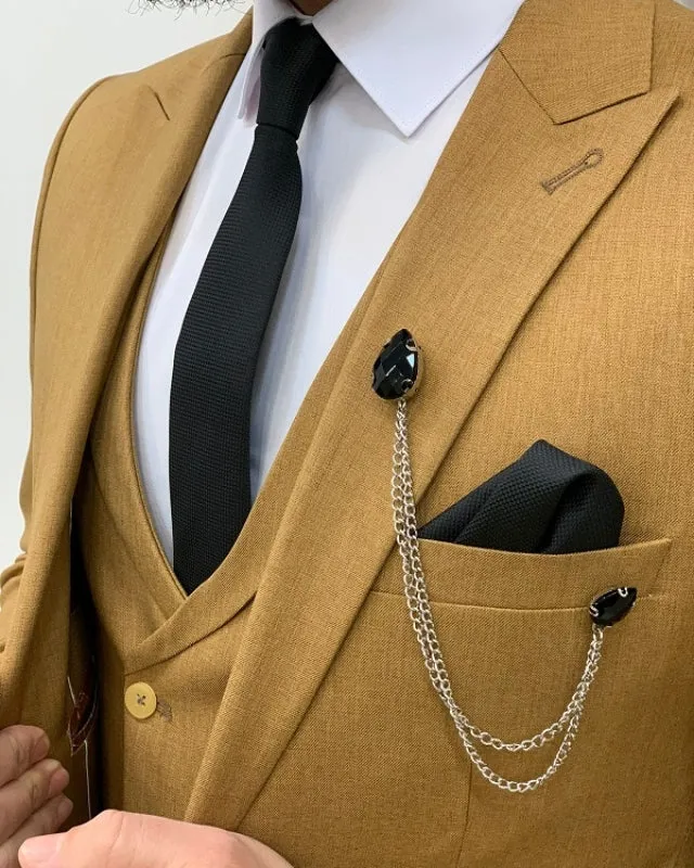 Allen Chic Khaki Slim Fit Three Pieces Peaked lapel Prom Men Suits