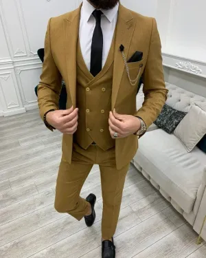 Allen Chic Khaki Slim Fit Three Pieces Peaked lapel Prom Men Suits