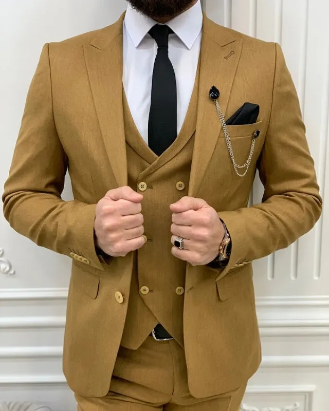 Allen Chic Khaki Slim Fit Three Pieces Peaked lapel Prom Men Suits