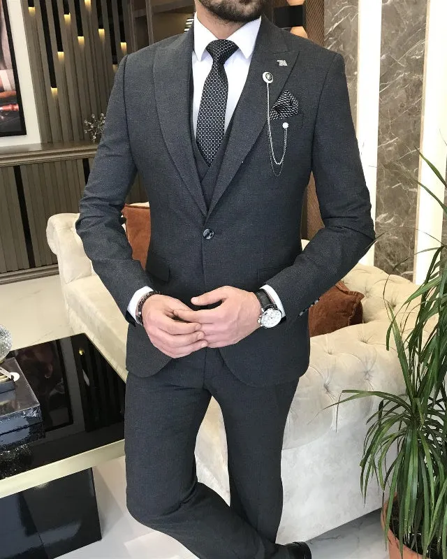 Alonzo Chic Dark Gray Three pieces Peaked Lapel Slim Fit Business Men Suits