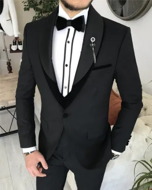 Alonzo Handsome Black Slim Fit Three Pieces Shawl Lapel Wedding Men Suits