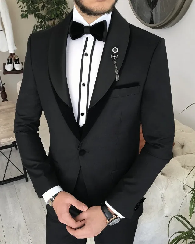 Alonzo Handsome Black Slim Fit Three Pieces Shawl Lapel Wedding Men Suits