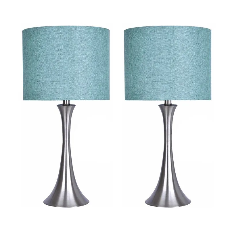 Amazing 24.25 in. Brushed Nickel Table Lamp Set with Flared Body and Turquoise Linen Shade (2-Pack)!