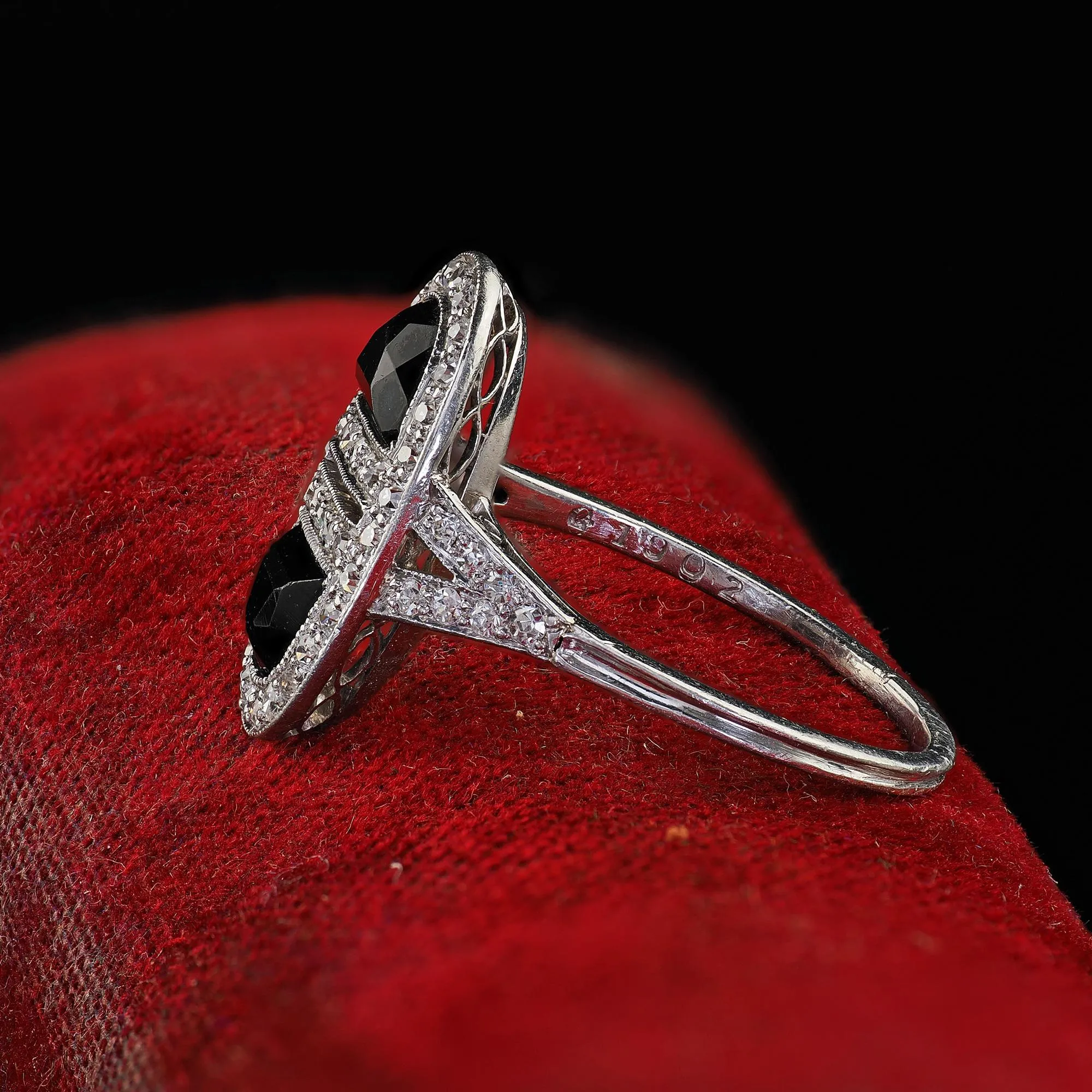 Antique Art Deco J. E. Caldwell Platinum French Cut Onyx and Diamond Ring