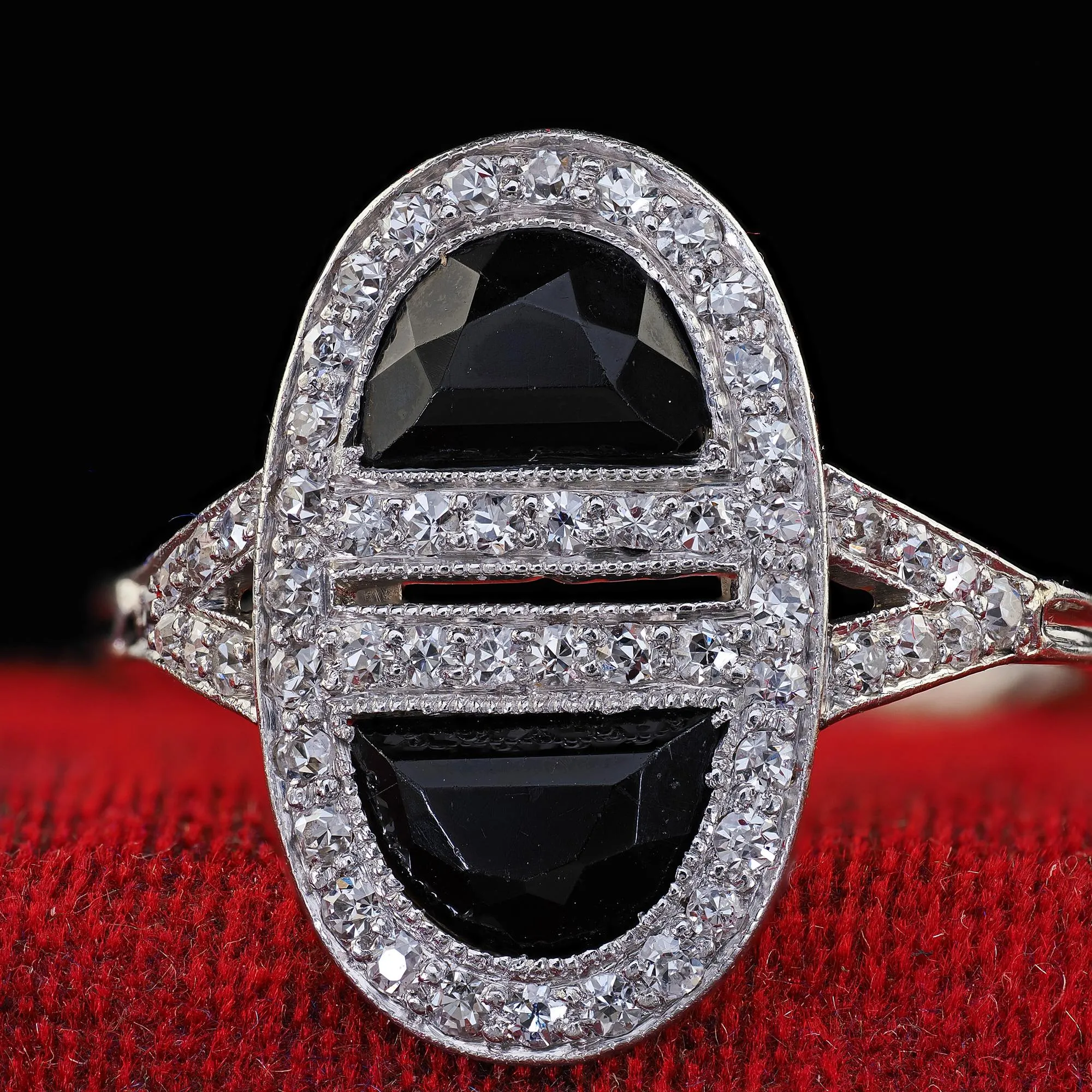 Antique Art Deco J. E. Caldwell Platinum French Cut Onyx and Diamond Ring