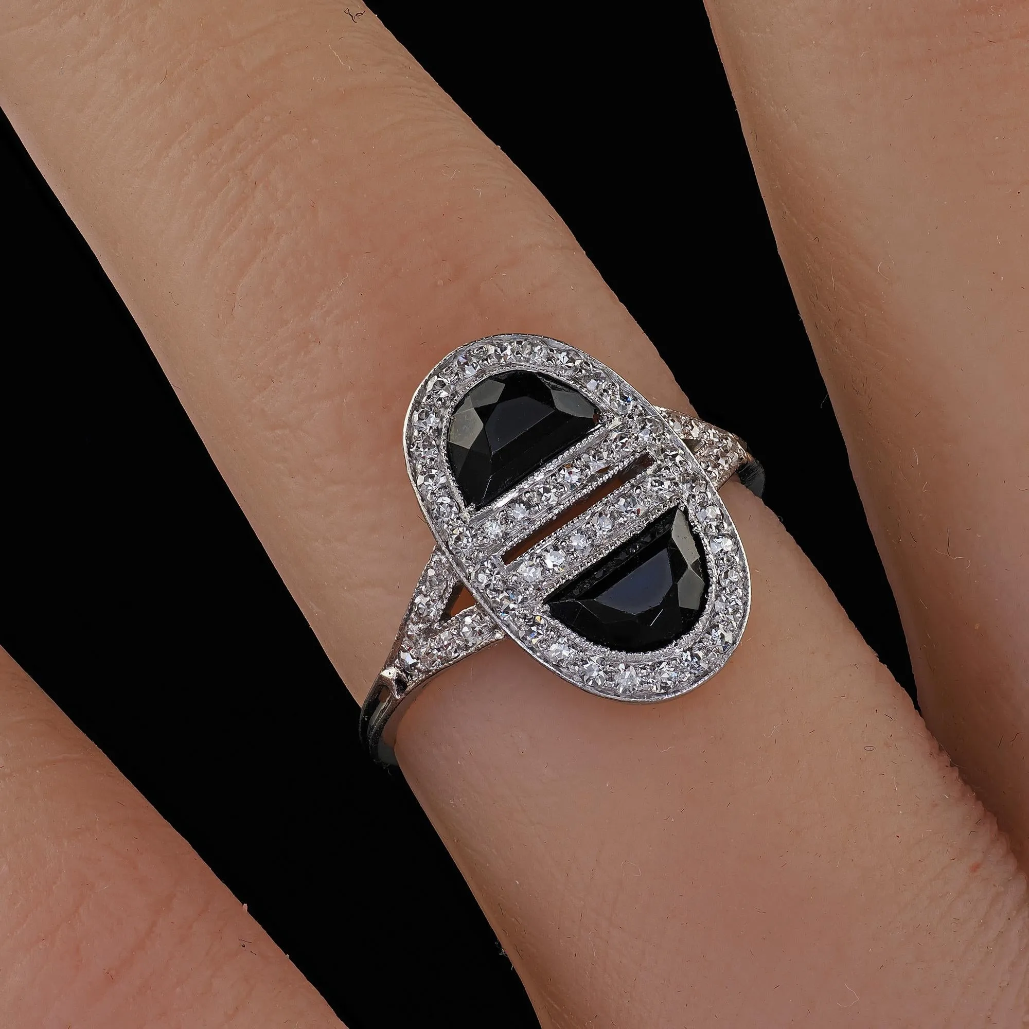 Antique Art Deco J. E. Caldwell Platinum French Cut Onyx and Diamond Ring