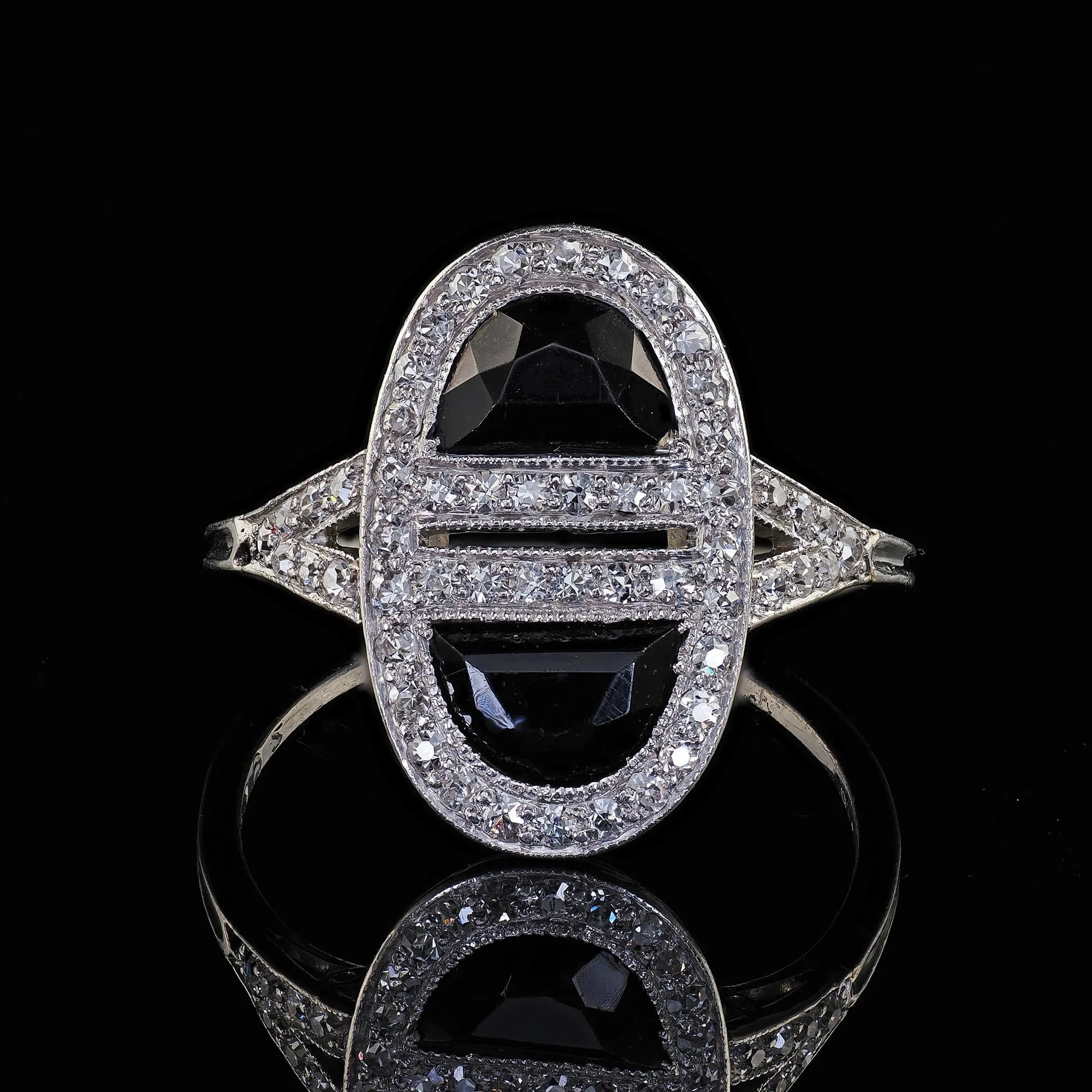 Antique Art Deco J. E. Caldwell Platinum French Cut Onyx and Diamond Ring