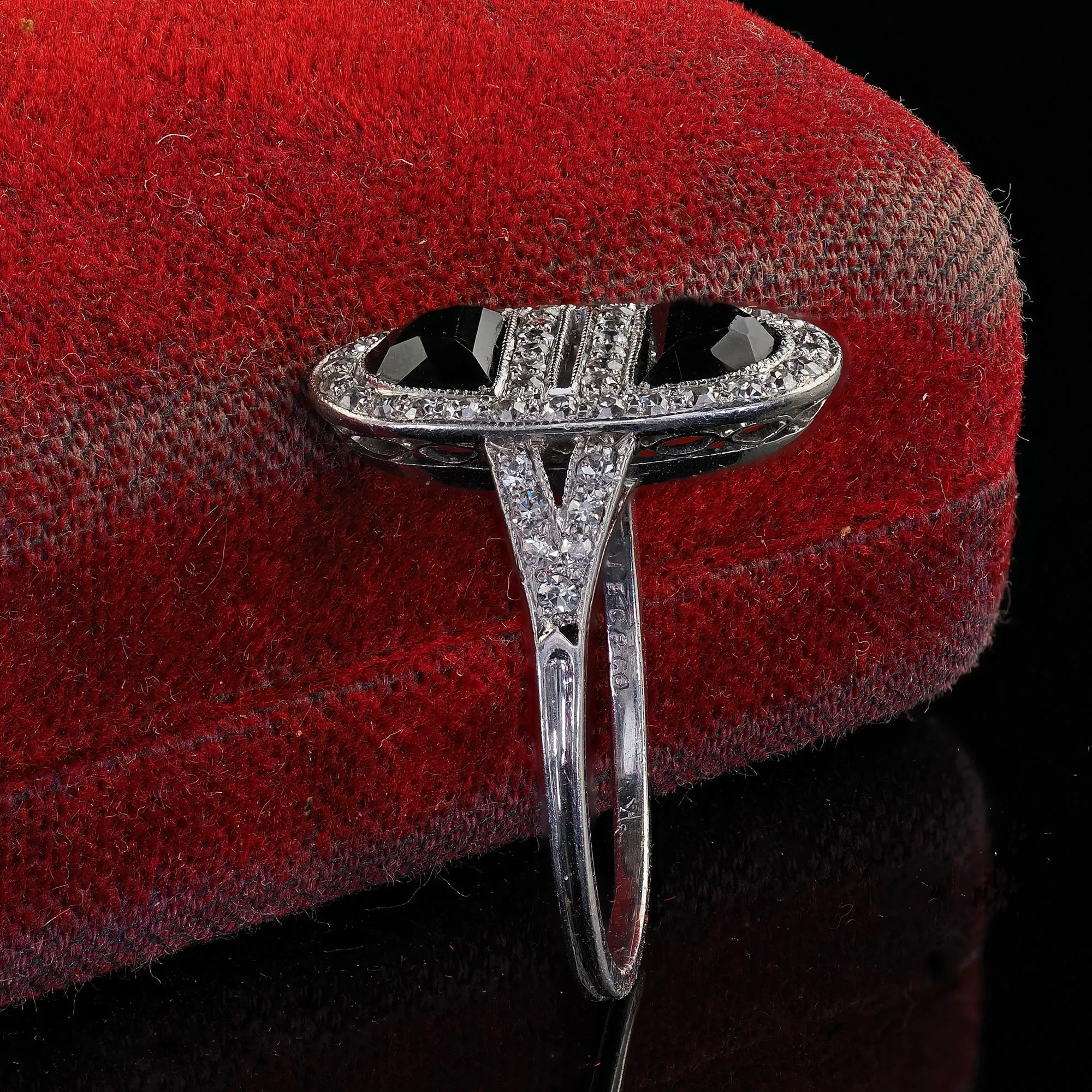 Antique Art Deco J. E. Caldwell Platinum French Cut Onyx and Diamond Ring