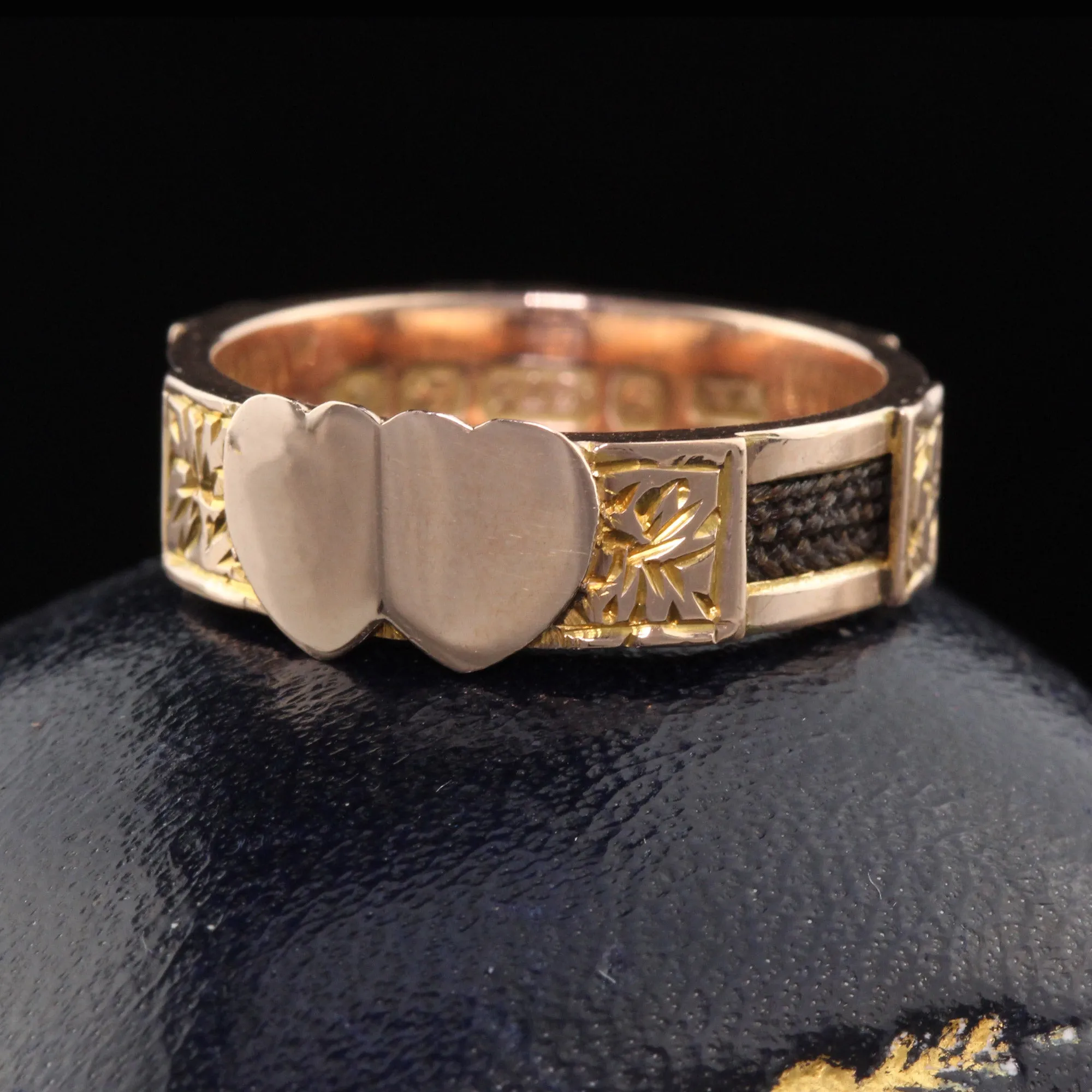 Antique Victorian 9K Rose Gold Double-Heart Hairwork Mourning Ring