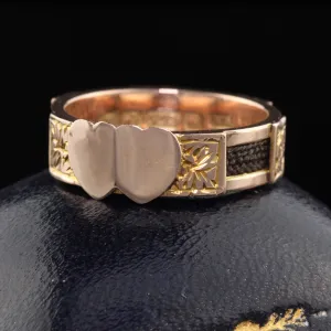 Antique Victorian 9K Rose Gold Double-Heart Hairwork Mourning Ring