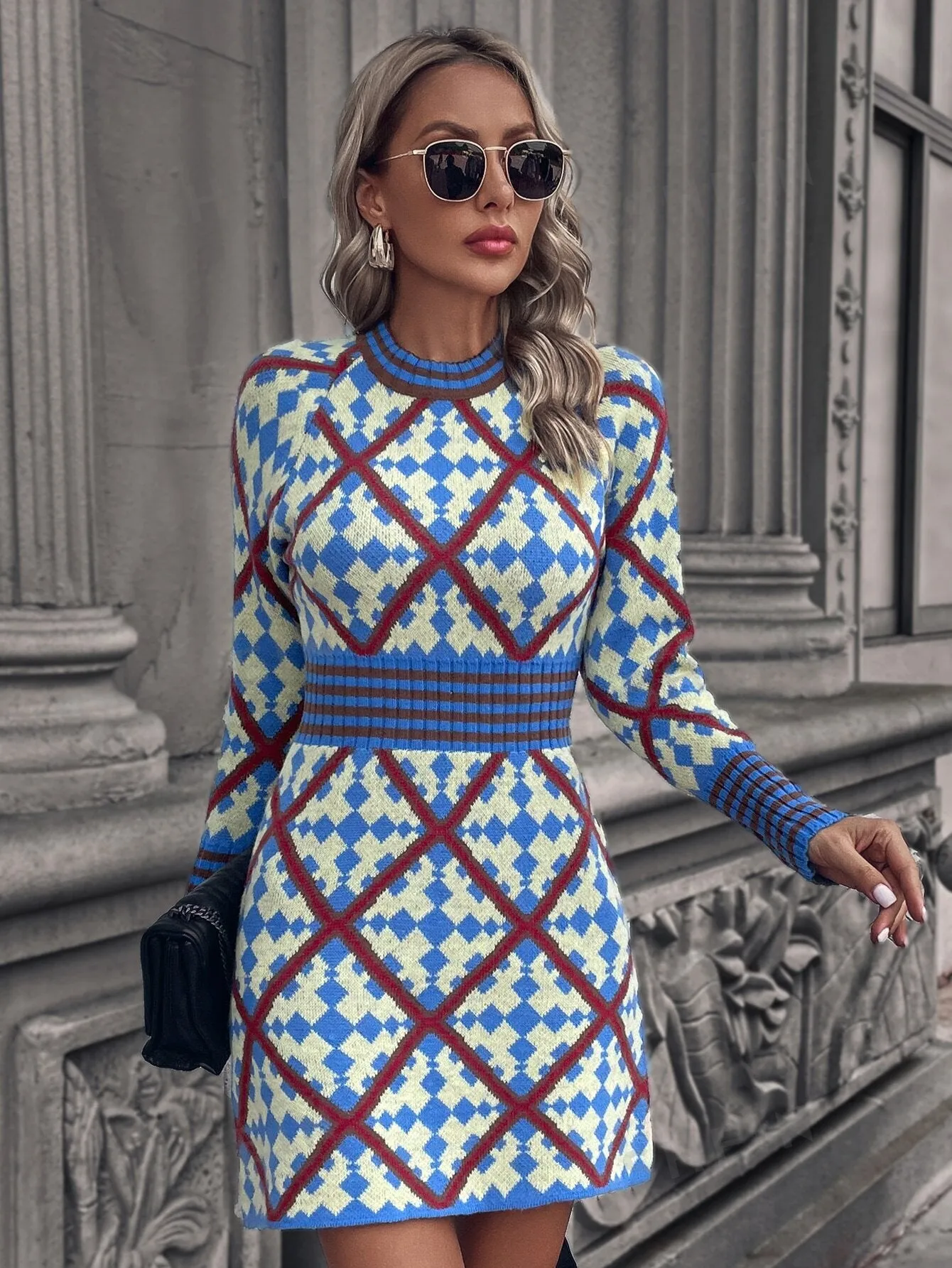 Argyle Pattern Mock Neck Sweater Dress