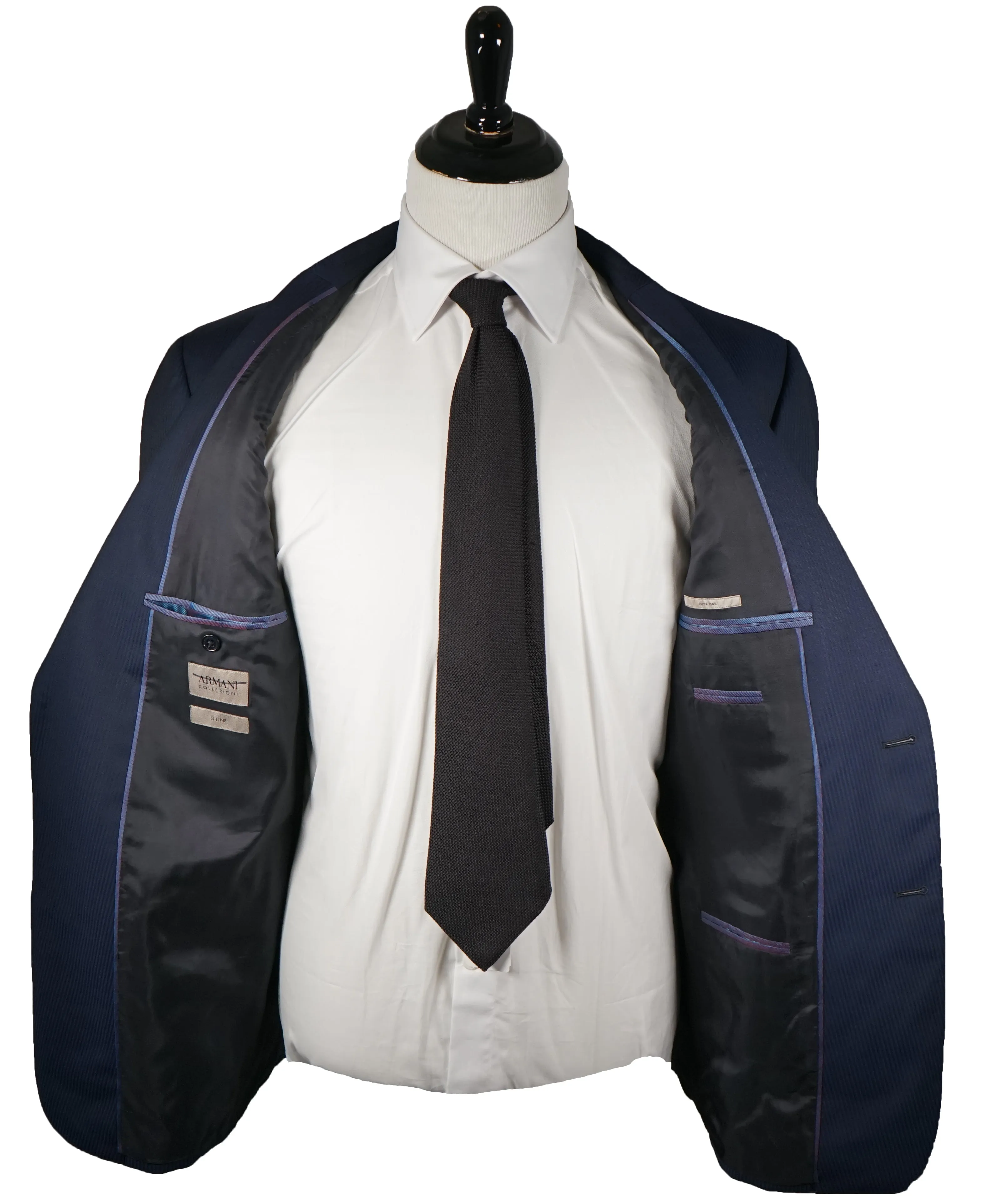 ARMANI COLLEZIONI - Textured Blue Tonal Stripe “G Line” Super 130’s Wool Suit - 48L