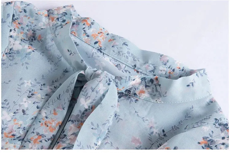 Autumn Long Sleeve Blouse Wome Ruffles Blue Print Chiffon Blouse Shirt Tops Women Blouses