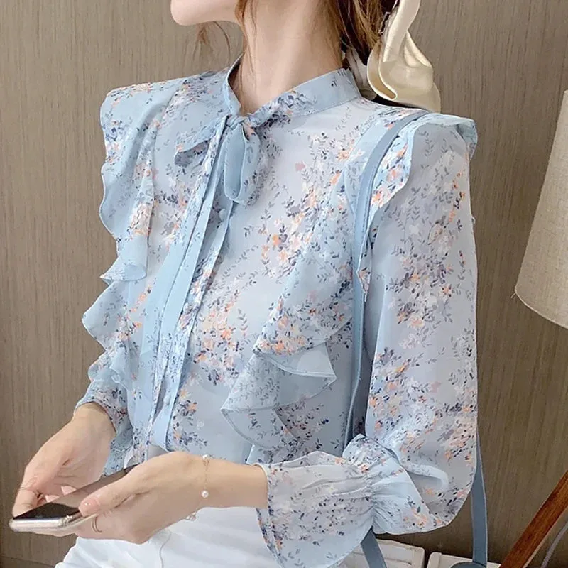 Autumn Long Sleeve Blouse Wome Ruffles Blue Print Chiffon Blouse Shirt Tops Women Blouses