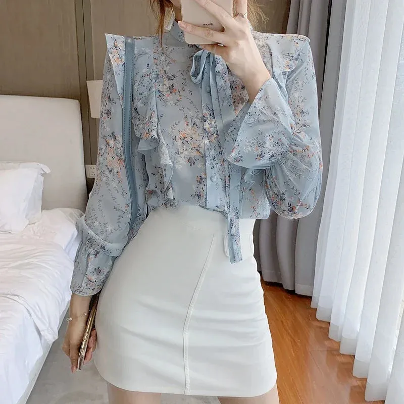 Autumn Long Sleeve Blouse Wome Ruffles Blue Print Chiffon Blouse Shirt Tops Women Blouses
