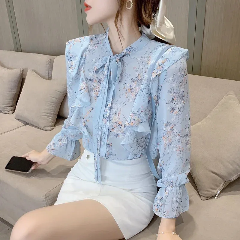 Autumn Long Sleeve Blouse Wome Ruffles Blue Print Chiffon Blouse Shirt Tops Women Blouses