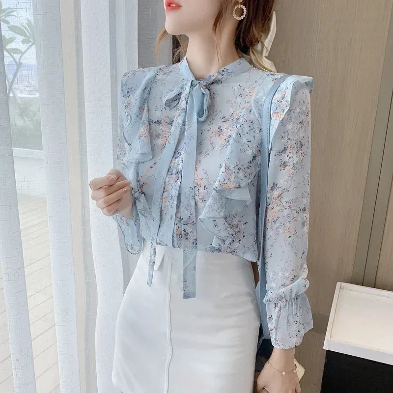 Autumn Long Sleeve Blouse Wome Ruffles Blue Print Chiffon Blouse Shirt Tops Women Blouses