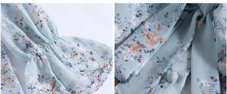 Autumn Long Sleeve Blouse Wome Ruffles Blue Print Chiffon Blouse Shirt Tops Women Blouses