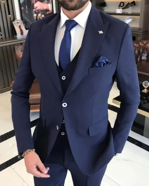 Avery Bespoke Dark Navy Peaked Lapel Three Pieces Business Suits