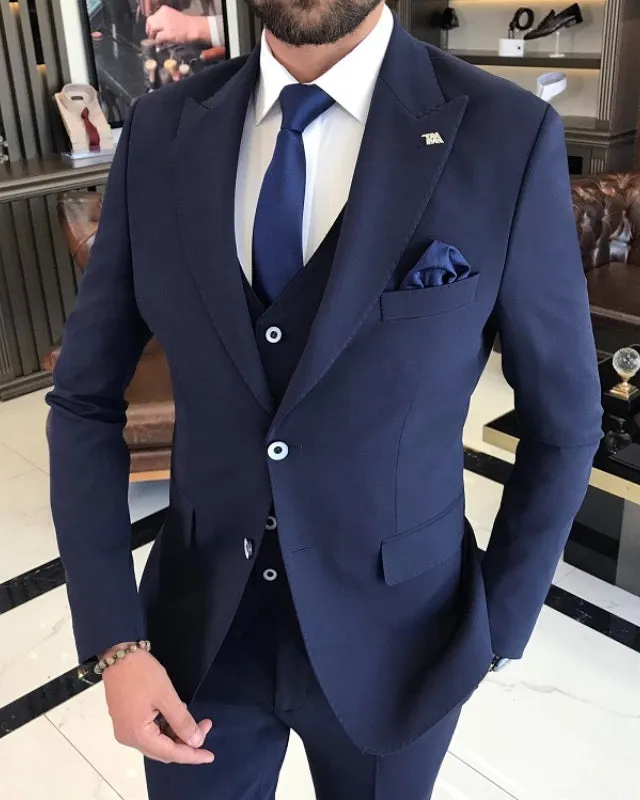 Avery Bespoke Dark Navy Peaked Lapel Three Pieces Business Suits