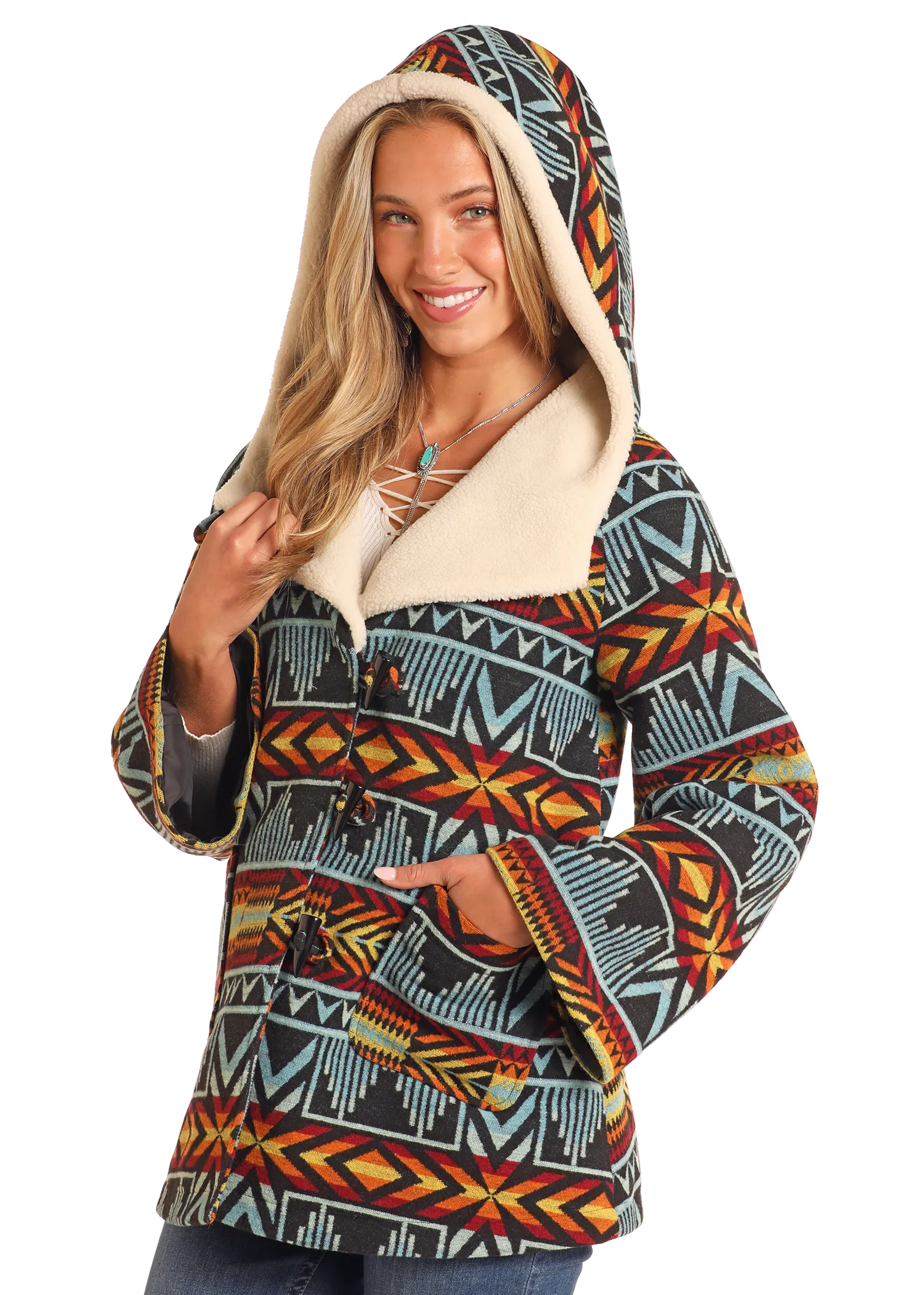 Aztec Jacquard Hooded Cropped Cape Coat