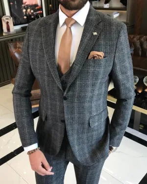Baldwin Generous Gray Plaid Peaked Lapel Three Pieces Business Suits