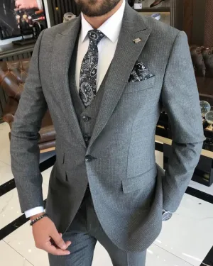 Baron Chic Gray Striped Peaked Lapel Three Pieces Business Suits