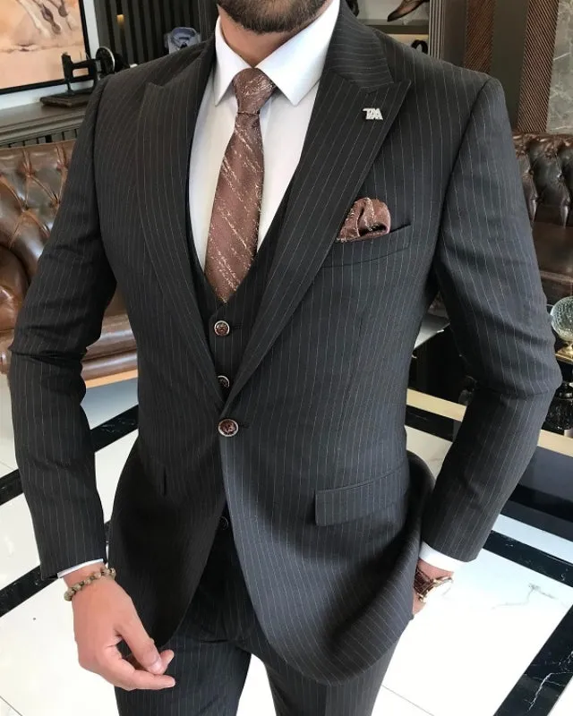 Beacher Formal Black Striped Peaked Lapel Three Pieces Business Suits
