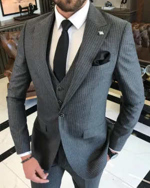 Beau Gentle Gray Striped Peaked Lapel Three Pieces Business Suits