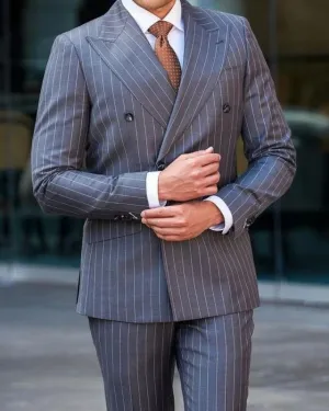Beck Gray Striped Double Breasted Slim Fit Prom Suits For Men
