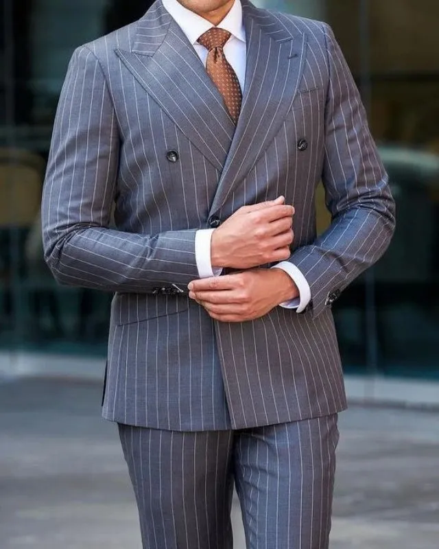 Beck Gray Striped Double Breasted Slim Fit Prom Suits For Men