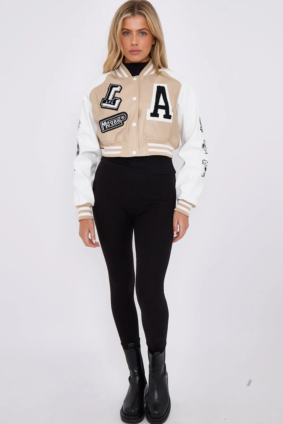 Beige Faux Leather Cropped Varsity Jacket