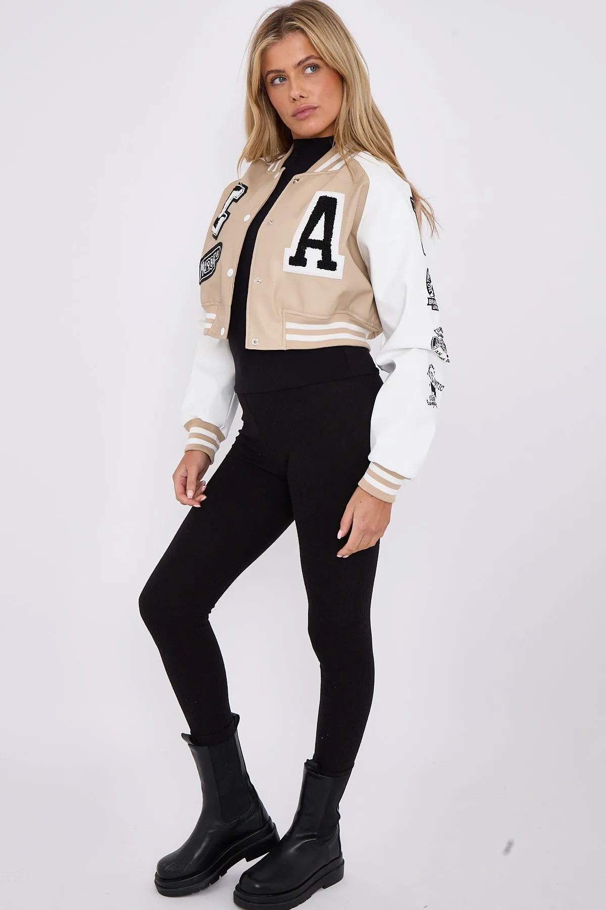 Beige Faux Leather Cropped Varsity Jacket