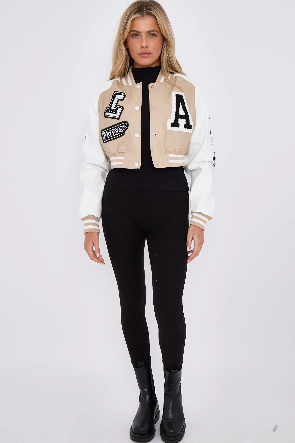 Beige Faux Leather Cropped Varsity Jacket