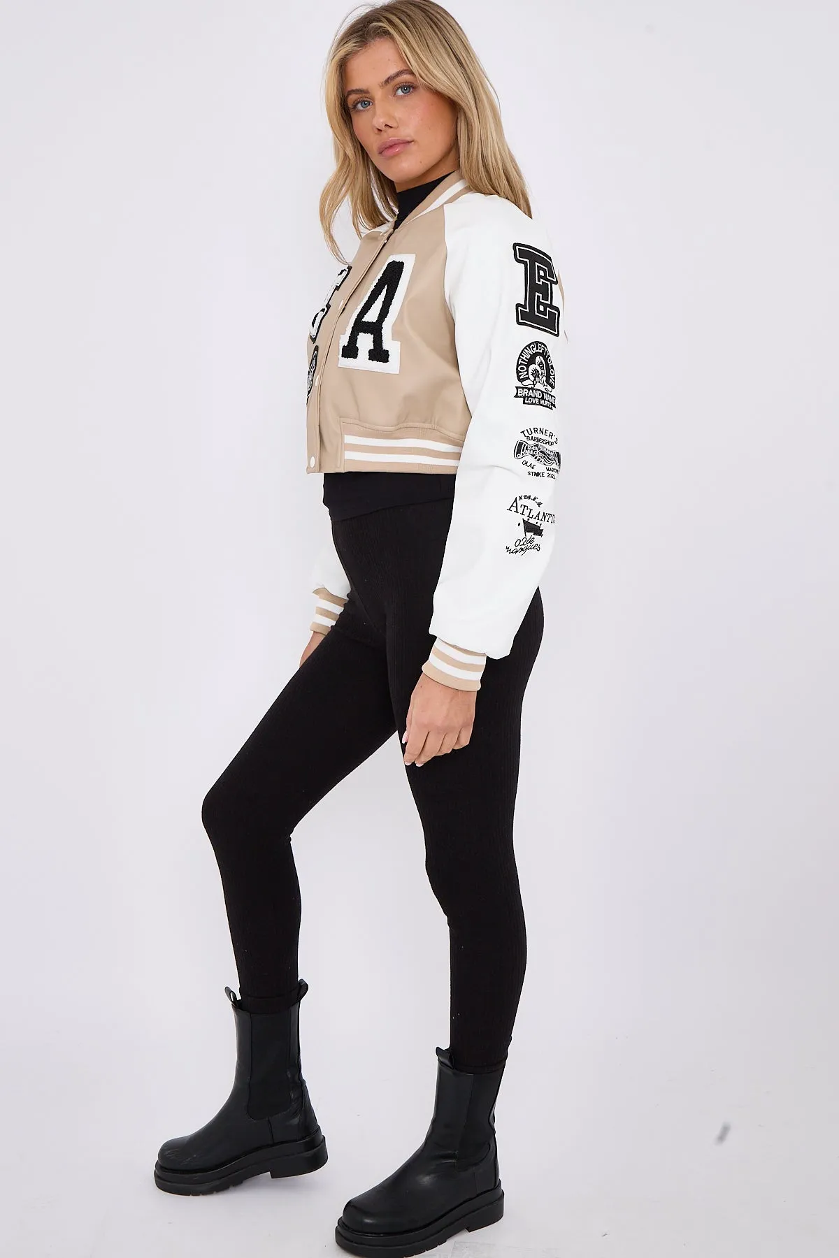 Beige Faux Leather Cropped Varsity Jacket