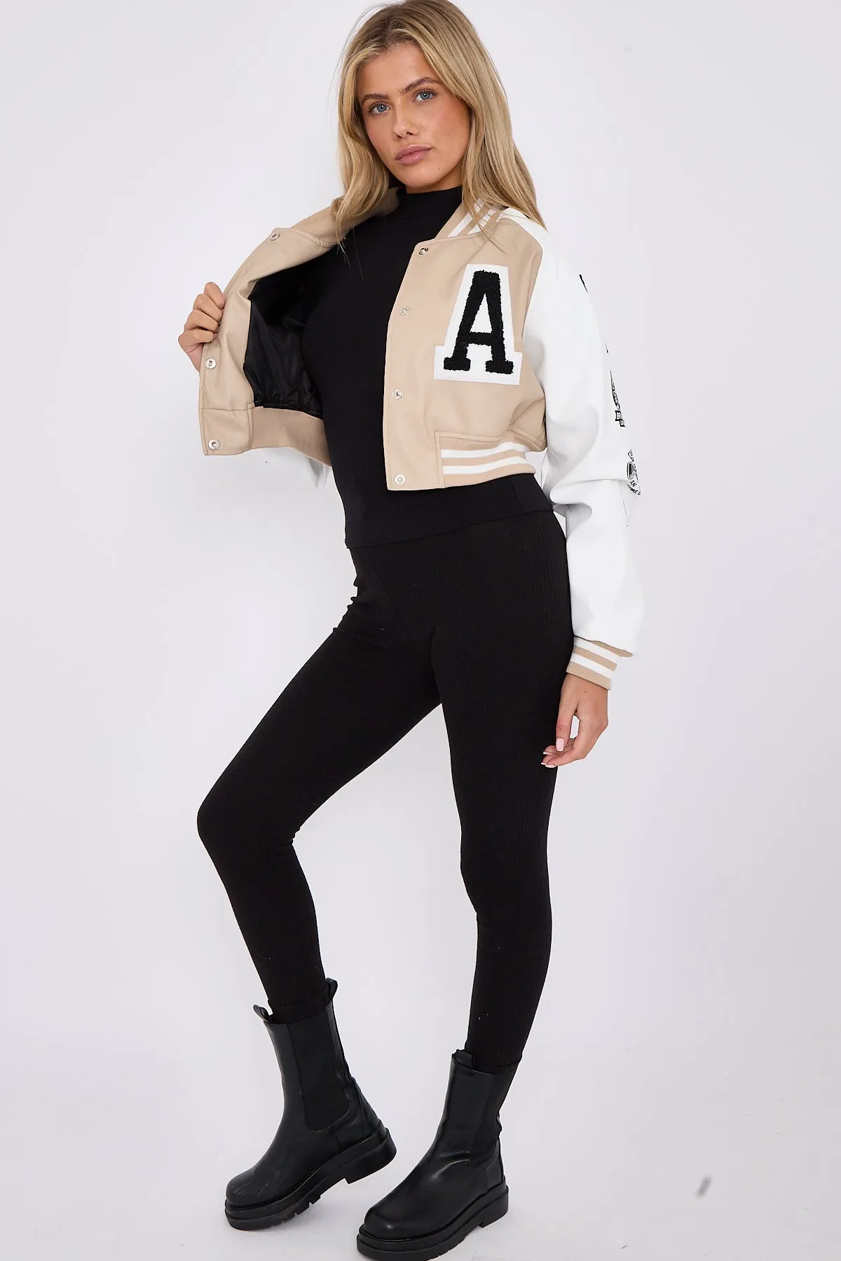 Beige Faux Leather Cropped Varsity Jacket